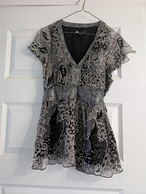 Carole Little Black and White Printed Silk Top